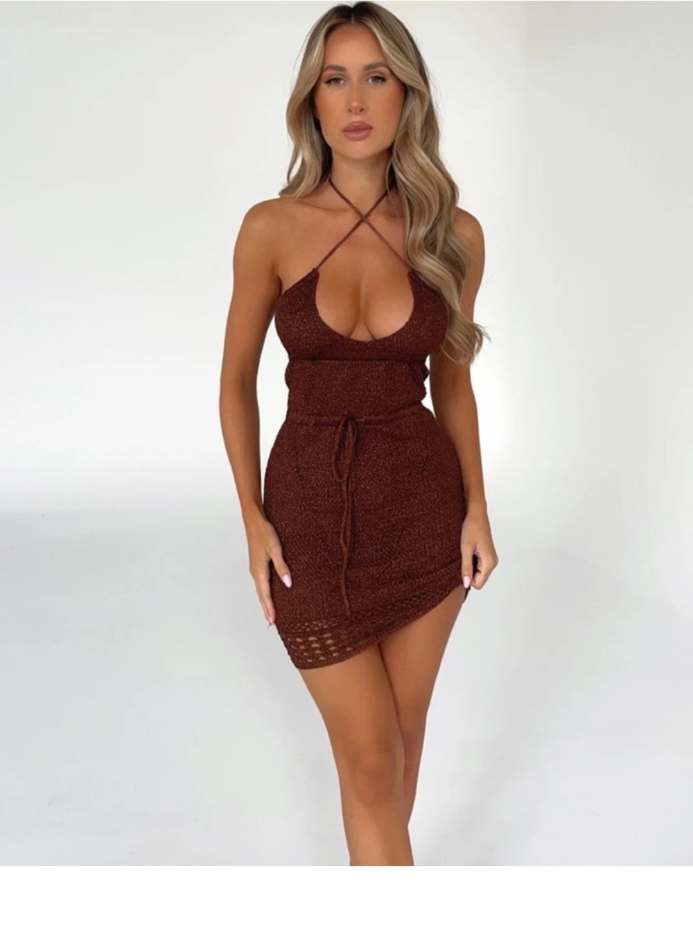 Outcast Dress Braylee Mini Dress Crochet Knit  Halter Brown size Large